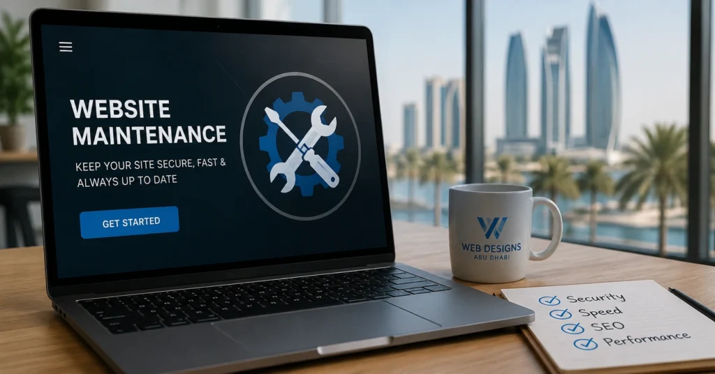 Laptop showing a website maintenance screen on a desk with a city view background.