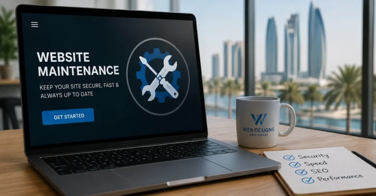 Laptop showing a website maintenance screen on a desk with a city view background.